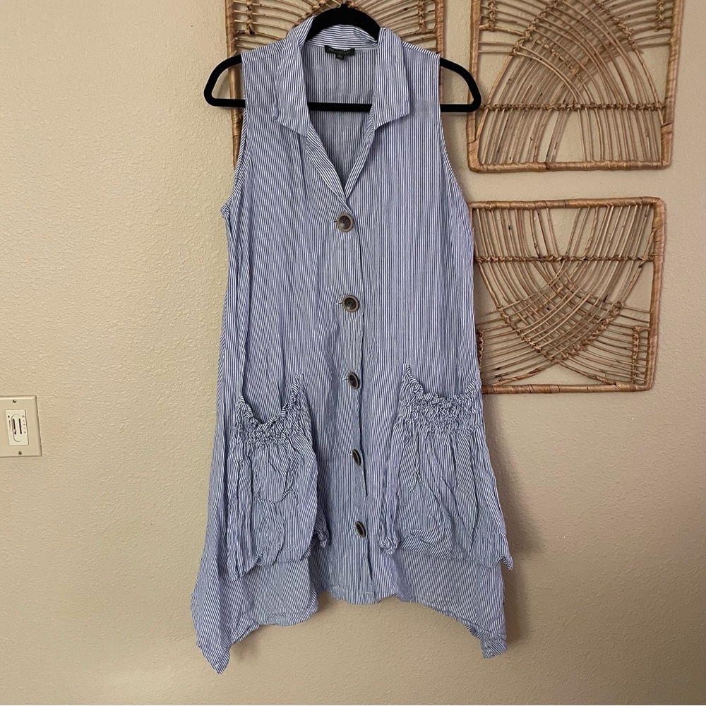 For Cynthia Striped Dress Lagenlook Beachy Coastal Blue White Boho Sz‎ L B17